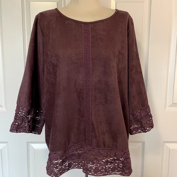 Soft Surroundings Women's Faux Suede Crochet Trim Pullover, size Large - Picture 4 of 8